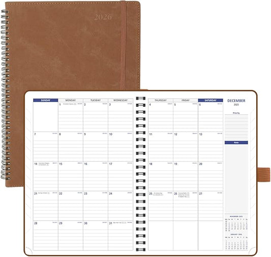 POPRUN 2026-2027 Monthly Planner A4 Size, 16 Months Calendar (Dec 2025-Mar 2027), 2 Pages per Month with Dotted & Lined Note, Monthly Tabs, Spiral Softcover, 2 Inner Pockets - Brown