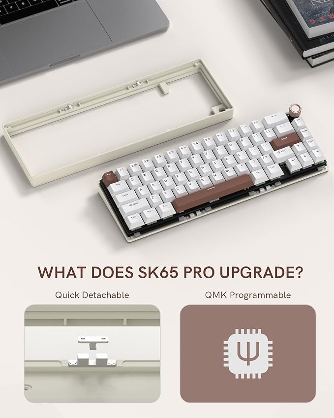 Womier SK65 Wireless Mechanical Gaming Keyboard with Knob, 60 Percent Aluminium Keyboard for PC, Bluetooth 5.0/2.4GHz/USB-C Wired, Hot Swappable Custom Lineaner Switch, RGB Backlit (Creamy White V2)