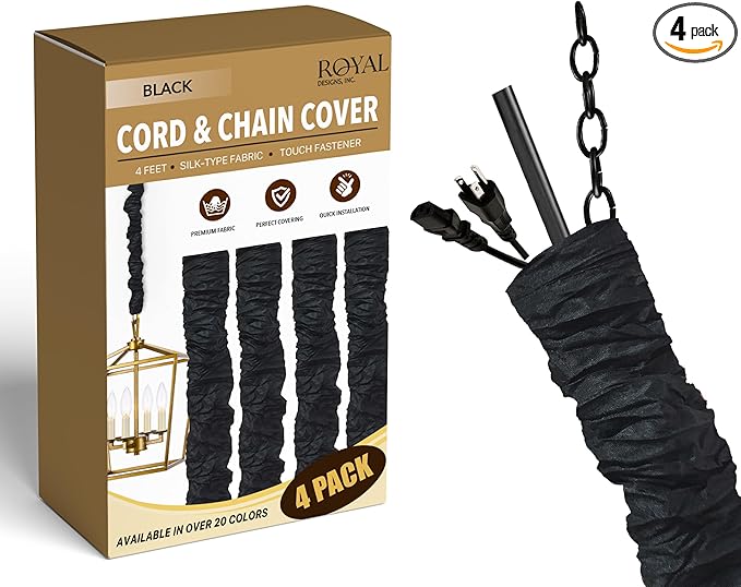 Royal Designs, Inc. Cord & Chain Cover 4 ft Silk Type Fabric, Chandelier Pendant Lighting Chain & Cable Management, Touch Fastener, Black - 4 Pack