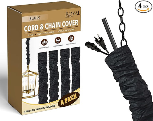 Royal Designs, Inc. Cord & Chain Cover 4 ft Silk Type Fabric, Chandelier Pendant Lighting Chain & Cable Management, Touch Fastener, Black - 4 Pack