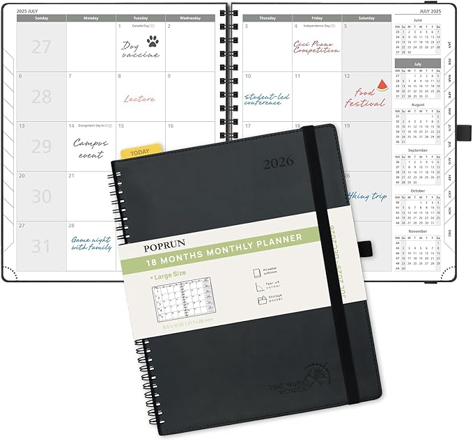 POPRUN Monthly Planner 2025-2026 Spiral Bound (8.5'' x 10.5'') 18 Months Calendar (Jul 2025 - Dec 2026) - 4 Pages per Month with Monthly Expense & Notes, Sunday Start, Leather Cover - Black