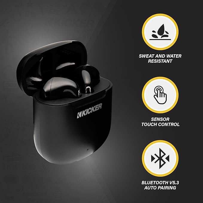KICKER TWS1 True Wireless Earbuds, Bluetooth Earbuds with Microphone, Wireless Earphones for Android and iOS, Fast-Charging Case for USB-C with 20 Hours of Playtime