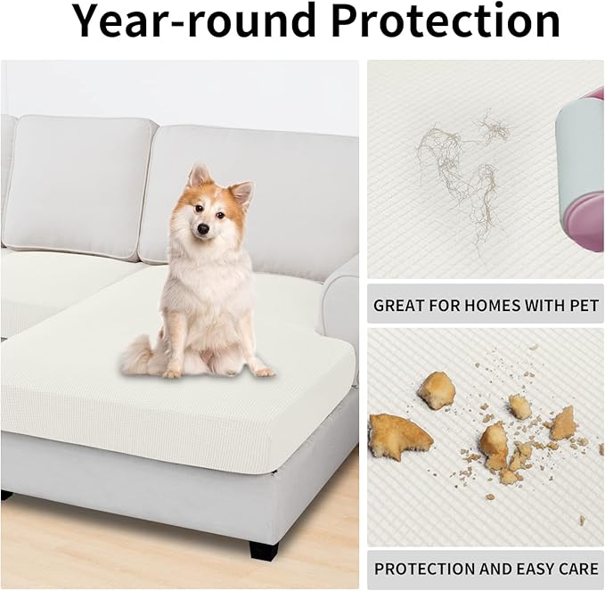 Easy-Going Stretch 3 Pieces Couch Cushion Covers for Sectional Sofa Left/Right L Shape Chaise Lounge Sofa Seat slipcover Anti-Slip Sofa Cover Soft (2 Seater + 1 Chaise, Cream)