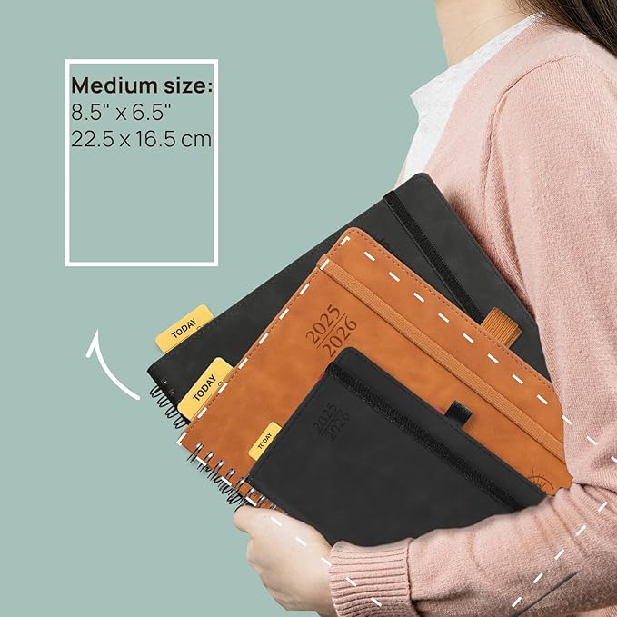 POPRUN Planner 2025-2026 Weekly Notebook (Medium 8.5''x 6.5''), Academic Calendar (JUL.25 - JUN.26) Appointment Book with Monthly Tabs, Spiral Soft Cover, Inner Pocket, 100 GSM - Petrol