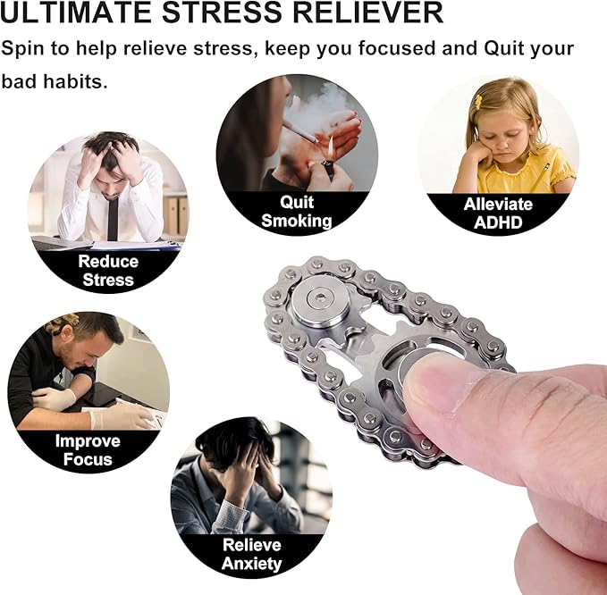 Bike Chain Gear Fidget Spinner, Metal Sprocket Chain Fidget Toy, Stress Anxiety Relief Fidget Toy, Focus Finger Spinning Toy, Stainless Steel Mechanics W/Smooth Bearings EDC Novelty Toy