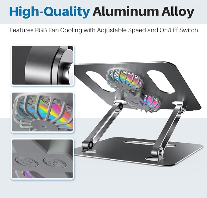 Adjustable Laptop Cooling Stand with 2 Quiet Fans & RGB Lighting, Aluminum Alloy & Foldable Ergonomic Design for MacBook, Lenovo, ASUS, Dell 10-16 Inch, Perfect for Gaming, DJ, Office - Gray