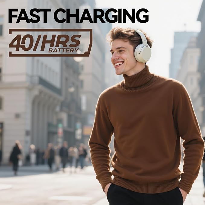 Hybrid Active Noise Cancelling Headphones, Wireless Over Ear Bluetooth Headphones with Mic, 40H Playtime, Hi-Res Audio, Deep Bass, Foldable Comfort Fit Ear Cups for Travel, Office, Home (White)