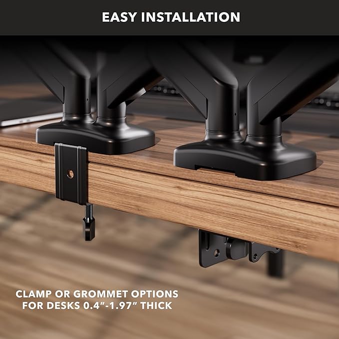 Mount-It! Dual Monitor Desk Mount – Full Motion Gas Spring Arms, Fits 13 to 32 Inch Screens, Holds 17.6 lbs per Arm, Dual Monitor Stand, VESA Mount, C-Clamp & Grommet Base