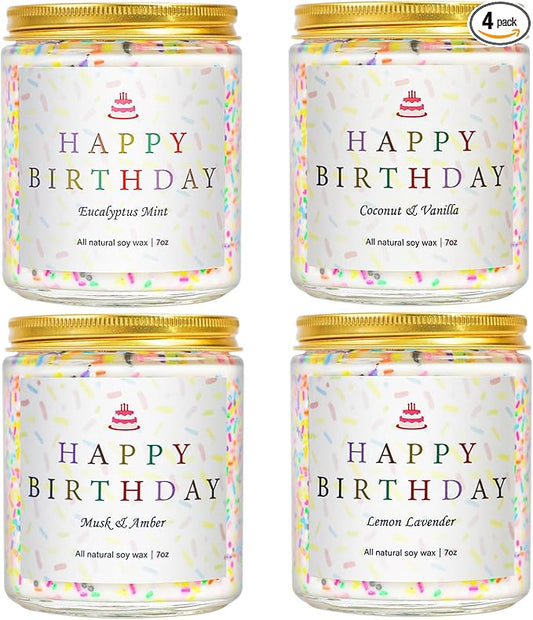 Happy Birthday Candles Set, 4 Pack Birthday Candle Gifts for Women, Unique Best Friend Birthday Gifts Ideas for Her and Him, Natural Soy Candle Scent of Vanilla Coconut/Lavender/Eucalyptus Mint - 7oz