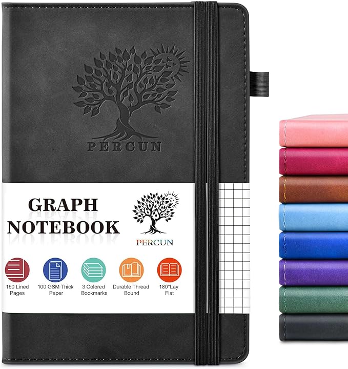 PERCUN Graph Paper Notebook, 160 Pages Grid Journal for women & men, A5 Hardcover Leather Graphing Notebook for School, Work, Travel, Note Taking 5.9”x8.5” (Black)