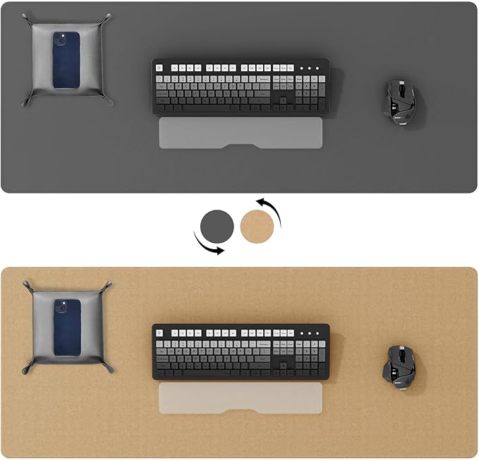 DAWNTREES Dual Sided Desk Mat,Leather Desk Pad,35.5"x17",Cork Desk Mat Protector,with PU Leather Valet Tray Organizer,Large Mouse Pad,Desk Writing Pad for Office and Home(Dark Gray)