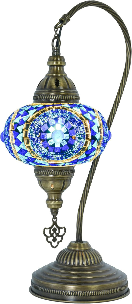 mozaist Turkish Mosaic Swan Neck Table Lamp, Moroccan Boho Style Sea Blue Gooseneck Rustic Home Décor, Tiffany Bohemian Bedside Farmhouse Desk Light with E12 Socket & US Plug (Evil Eye Blue)