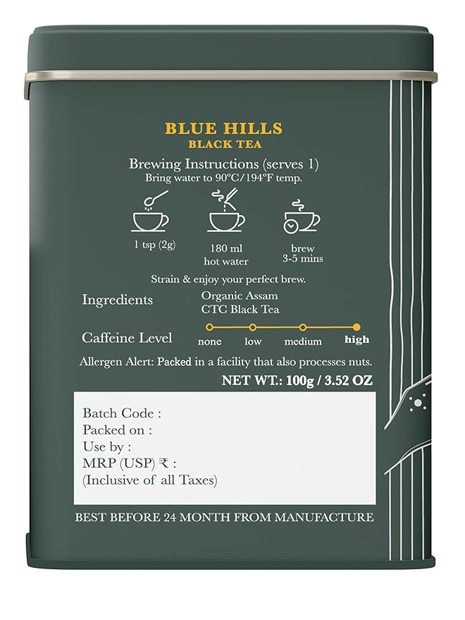 Luxmi Estates - Blue Hills - Organic CTC Assam Black Tea - Loose Leaf - 100g (50 Cups) | Jodhpur Blend - Rajasthan's Favorite Chai | Strong Cup of Original Indian Chai Tea - No Spices