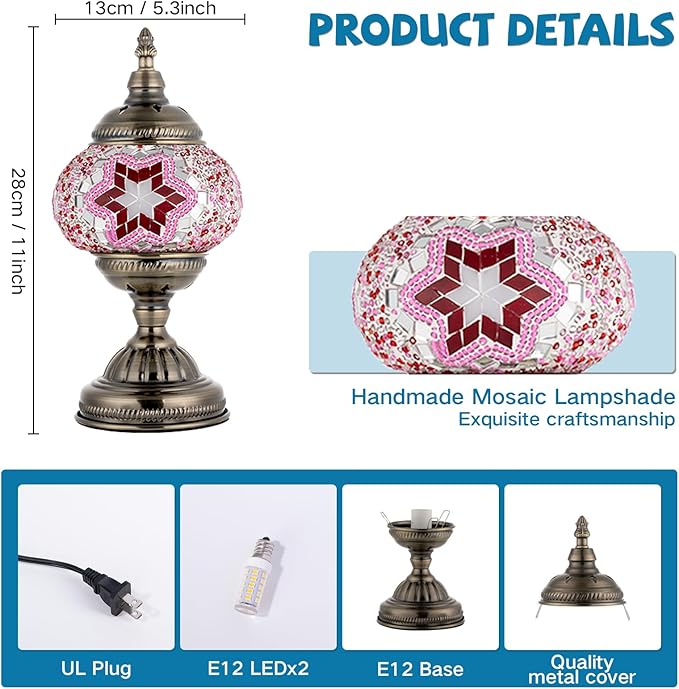 Turkish Moroccan Table Lamp Lantern with Handmade Mosaic Glass Lampshade Tiffany Style Bohemian Stained Glass Decorative Desk Lamps Bedside Night Lights for Bedroom (Pink)