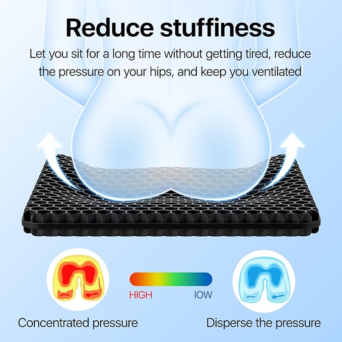 Gel Seat Cushion, Cooling (Super Large & Thick), Breathable Honeycomb Design Absorbs Pressure Points, Gel Cushion for Office Chair, Home Car seat Cushion for Wheelchair