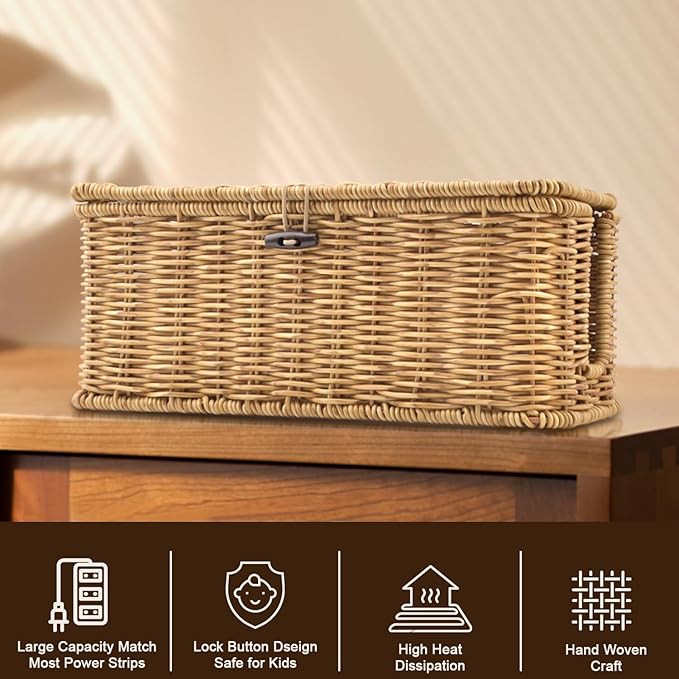 Handmade Cable Management Box – Stylish & Functional Cable Organizer with 2 Open Slots for Home & Office, TV Wires Computer Router USB Hub & Power Strip Rattan Cord Hider Box (Wood Color)