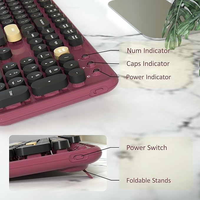 Wireless Computer Keyboards Mouse Combos, COVEVA Colorful Typewriter Retro Keyboard with Round Keycaps, USB Keyboard and Mouse Set 2.4GHz Full-Size Wireless Keyboard and Optical Mouse（Black-Claret）