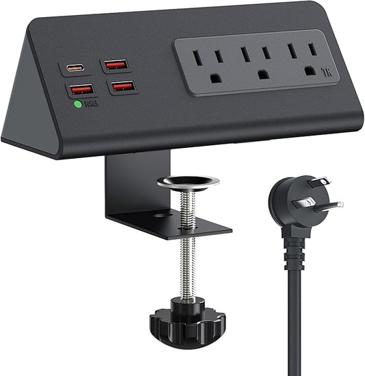 Nightstand Charging Station with PD 20W USB C, Nightstand Edge Power Strip with 3 AC Outlets, 4 Fast Charging USB Ports, Connect 6.56FT Flat Plug, Desk Surge Protector for Office Home Hotel, Black