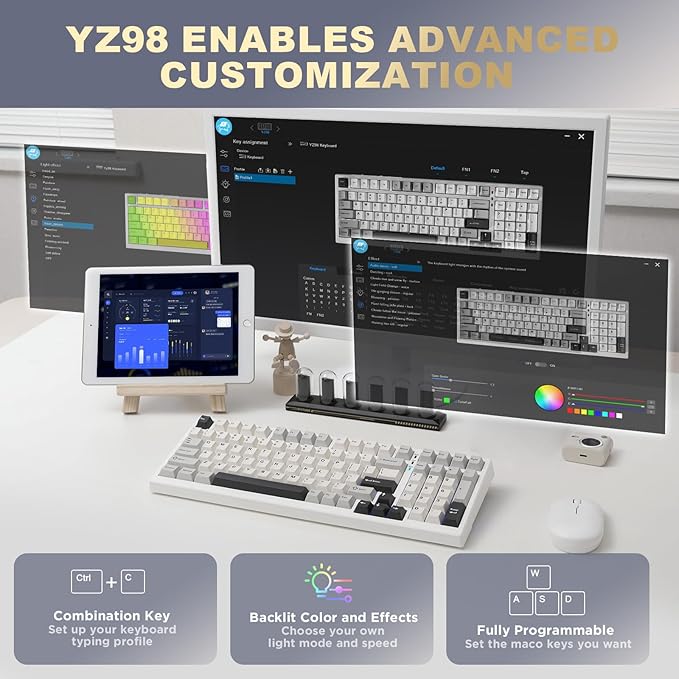 YUNZII YZ98 Gasket Mechanical Keyboard,99 Key Hot Swappable BT5.0/2.4G/USB-C Wireless NKRO 98% 1800 Layout with RGB LED Backlit for Linux/Win/Mac(White, Cocoa Cream V2 Switch)