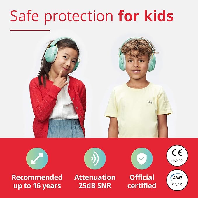 Alpine Muffy Kids - Hearing Protection - CE & ANSI Certified - Adjustable for Ages 3-16 years - Noise Cancelling Headphones - 25dB Sound Reduction Ideal for Protection and Concentration Aid - Mint