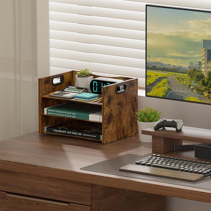 3-Tier Wood Paper Organizer, File Holder for Desk With Handle - Wooden Paper Letter Tray, Desk Organizer and Accessories, File Cabinet for Home Office, School
