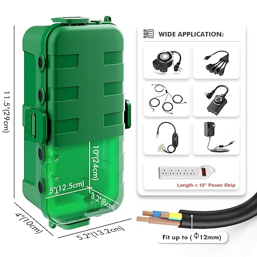 RESTMO Outdoor Electrical Box, IP54 Weatherproof Extension Cord Cover with 6 Cable Entry Ports, Waterproof Connection Box Protect Power Strip, Timer, Plug, Holiday Lights, (11.5x5.2x4 inch), Green