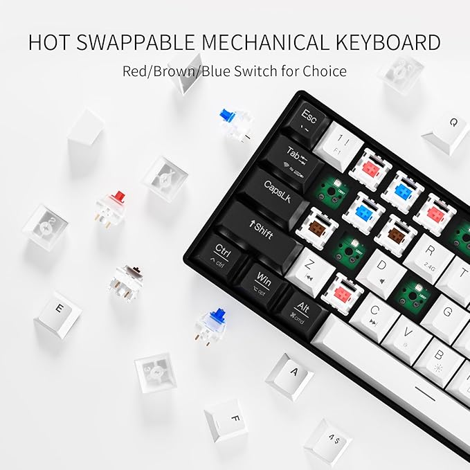 Newmen GM610 60% Wireless Mechanical Gaming Keyboard,Wired/Bluetooth/2.4G Keyboard,RGB Backlit,61 Anti-Ghosting Keys,Programmable,Hot-Swappable,for Windows Mac Android (Black-White/Red Switch)