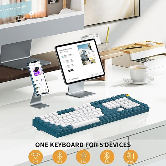 R108 Wireless Mechanical Keyboard, G Pro 3.0 Yellow Switch, Hot Swappable Wired/Bluetooth/2.4G Wireless Keyboard with RGB Light for Windows & Mac, PBT Keycaps, Whale Blue