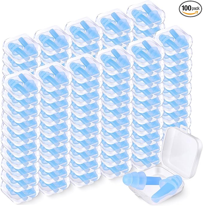 TrelaCo 100 Pairs Ear Plugs Bulk, NRR 29dB Reusable Silicone Ear Plugs with Plastic Cases Soft Foam for Sleeping Noise Cancelling for Concerts Shooting Swimming Noise Reduction(Light Blue)