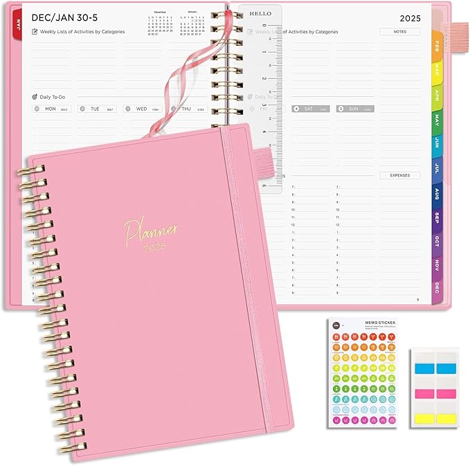 EMSHOI 2025 Planner Hourly Daily Weekly and Monthly, A4 (8.5x11), 3-Tier Appointment Book Vertical Schedule Calendar Organizer for Women Men Work Business, with Monthly Tabs, Note Pages, Pink