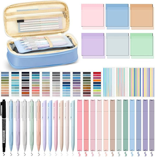 135 Pcs Book Annotation Kit Aesthetic Pencil Case Bag with 12 Highlighter 11 Gel Pen 1 Marker 300 Sheets Transparent Sticky Notes Pads 2640 Index Tabs Bible Study Supplies for School Gift(Light Blue)