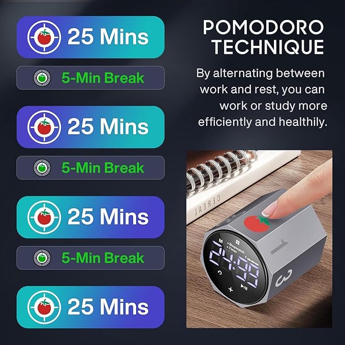 MIAOKE Pomodoro Timer-Aluminum Alloy Frosted Metal LED Large Screen Digital Automatically Rotated Display, Focus Efficient Management on Work and Study,Office,Living Room-Gray