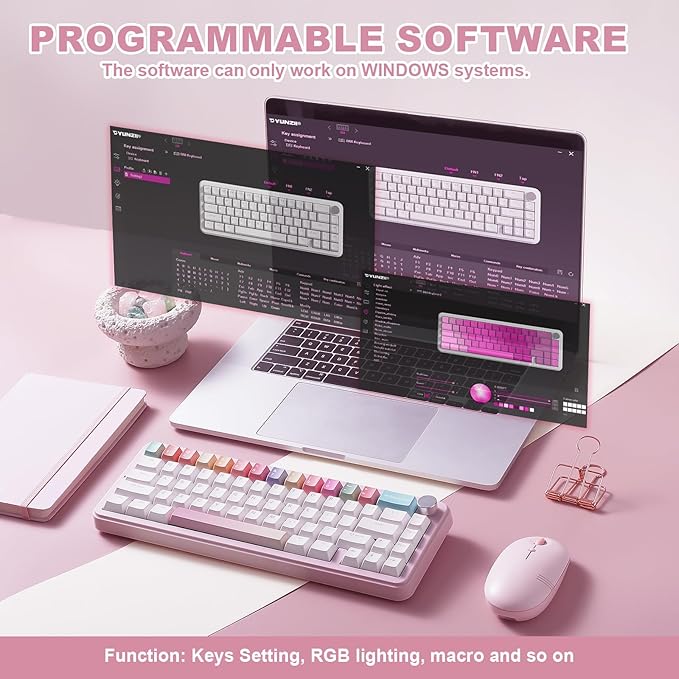 YUNZII B68 Wireless Mechanical Keyboard,Tri-Mode BT5.0/2.4GHz/USB-C,Cute PBT Keycaps,Hot Swappable Creamy Typing Gasket Mounted,RGB Backlit NKRO for Win/Mac (Pink, Milk V2 Switch)