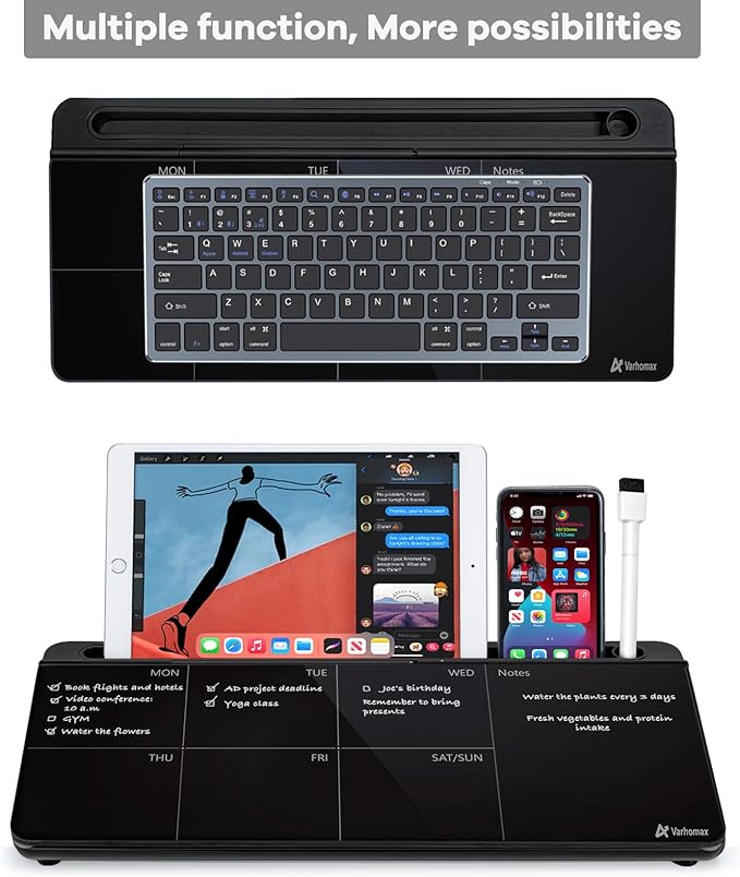 Varhomax Glass Weekly Planner Desk White Board, Desktop Calendar Whiteboard with Storage, to Do List Memo Caddy for Home Office and School Supplies, Black