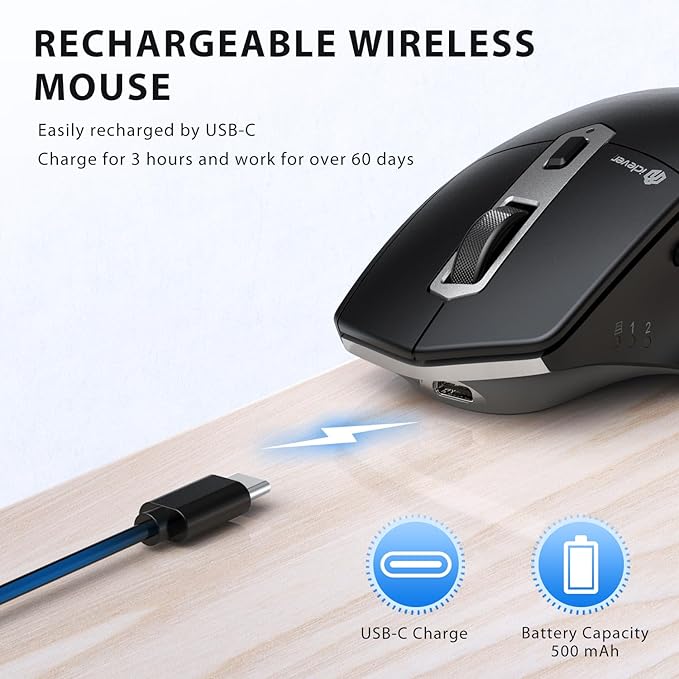 iClever Bluetooth Mouse, Wireless Large Mouse, Multi-Devices Dual Mode, Ergonomic Mice with 5 Adjustable DPI and 7 Buttons, Rechargeable Silent Mice for Laptop, iPad, MacBook, Tablet, PC, Black Grey