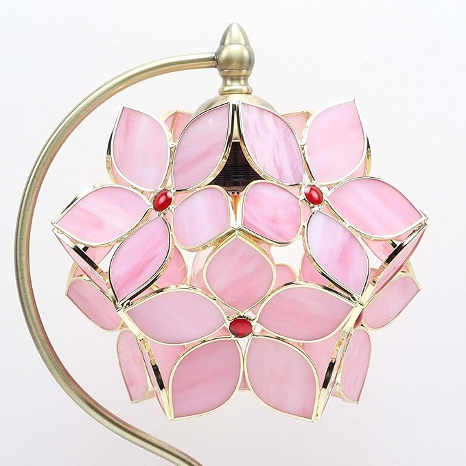 Bieye L10832 Tiffany Style Stained Glass Flower Petal Table Lamp with Brass Base for Home Décor (Pink, 8" Apple Blossom)