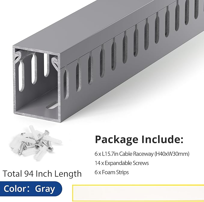 94.5in(6X L15.7in) Professional Server Rack Cable Management Raceway, H1.6in x W1.2in Cable Raceway Kit, Electrically Safe PVC Open Slot Wire Raceway for Under Desk/Computer/Network Cords, Grey