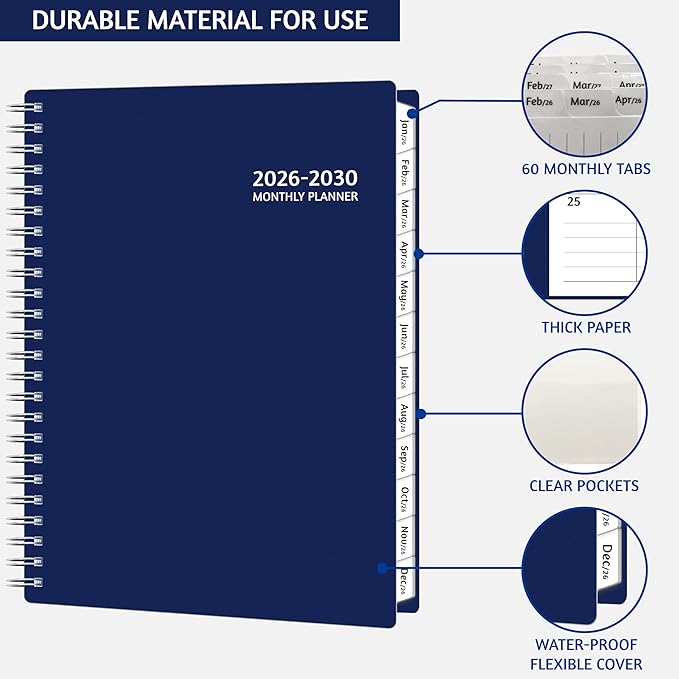 Monthly Planner 2026-2030, 5-Year Calendar Planner 2026-2030, Jan 2026 – Dec 2030, 6.2 x 8.4 In, Ruled Spread, Flexible Cover, Spiral Wirebound, Pocket, 60 Coated Monthly Tabs, Notes ＆ Habit Tracker