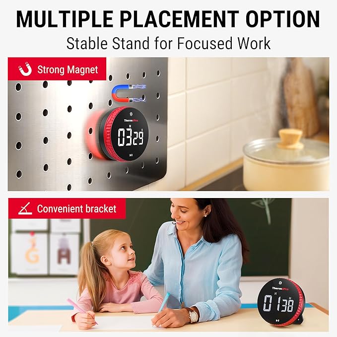 ThermoPro 99-Hour Digital Kitchen Timer with Strong Magnetic & Stable Stand, Classroom Timers with 3-Volume-Level, Stopwatch/Timer with Large LED Display, Digital Timers for Classroom, Office & Gym