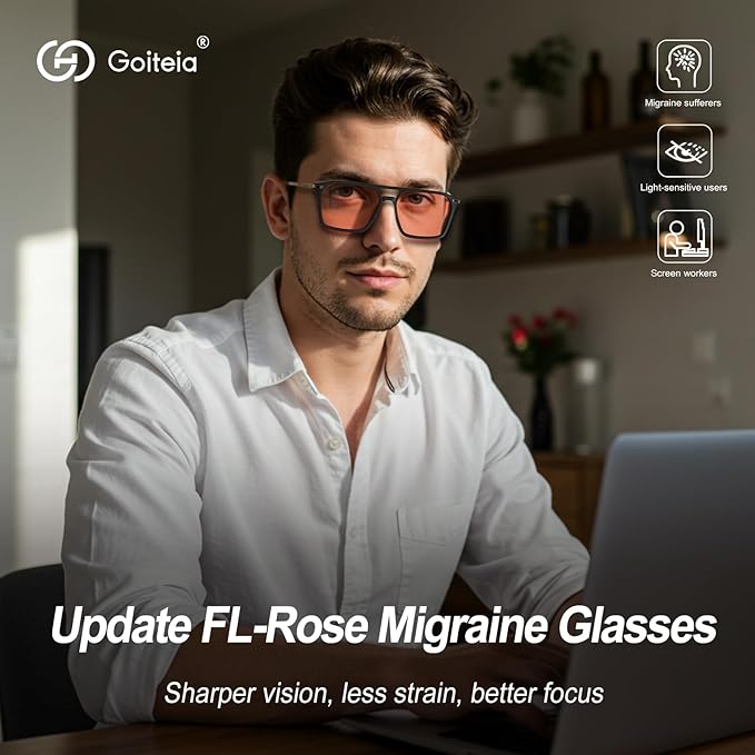 Goiteia FL-Rose Migraine Glasses,Blocks 480–520 nm Light, Light Sensitivity Glasses for Fluorescent LED Glare,Photophobia