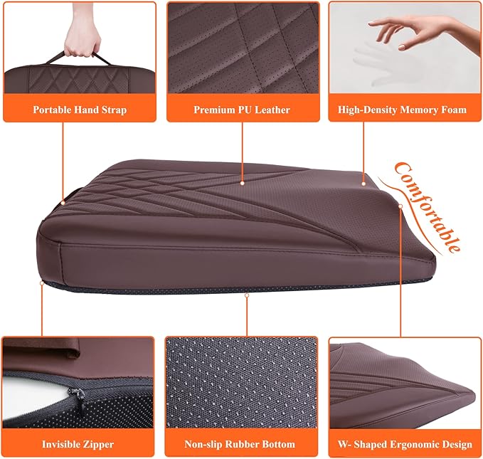 kingphenix Premium Car Seat Cushion, Memory Foam Driver Seat Cushion to Improve Driving View- Coccyx & Lower Back Pain Relief - Seat Cushion for Car, Truck, Office Chair (Brown)