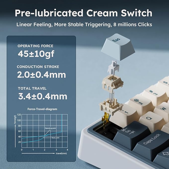 RK ROYAL KLUDGE R65 Wireless Mechanical Keyboard with Volume Knob, Tri-Mode 2.4G/USB-C/BT Gasket Mounted 60% Gaming Keyboard with 66Keys, PBT Keycaps, QMK/VIA, Hot Swappable Cream Switch, Blue