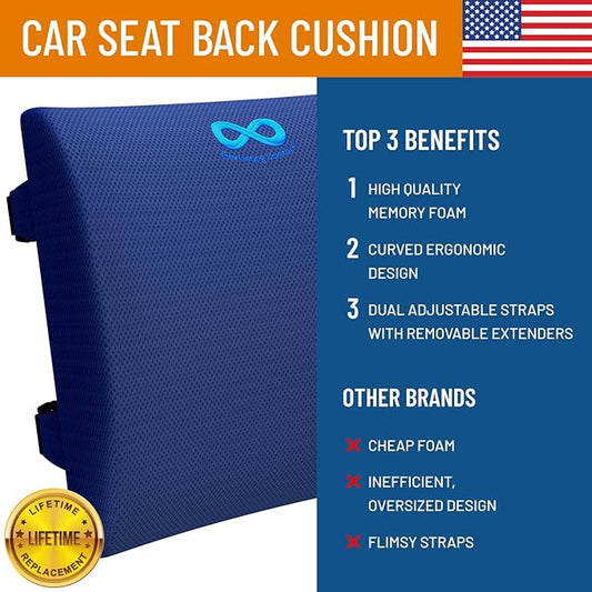 Everlasting Comfort Lumbar Support Cushion for Car Seat - Memory Foam Back Cover for Car - Lumbar Support Promotes Better Posture, Back Pain Relief - Ideal for Driving