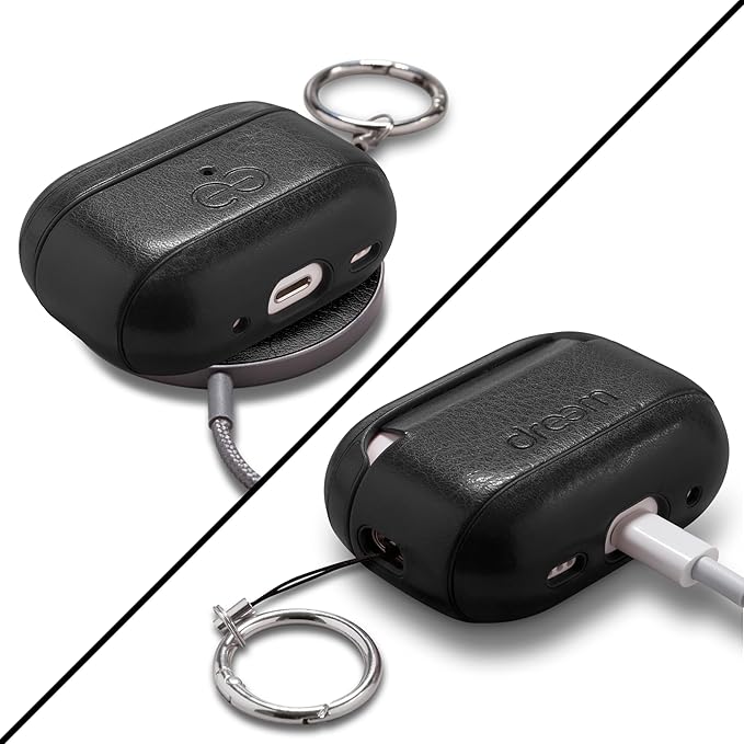 Dreem Om Case Cover with Keychain Clip Compatible with AirPods Pro 2/Pro, Protective One-Piece Hard Shell, Luxury Vegan Leather AirPod Pro Case 2nd/1st Generation with Separate Clip [Black]