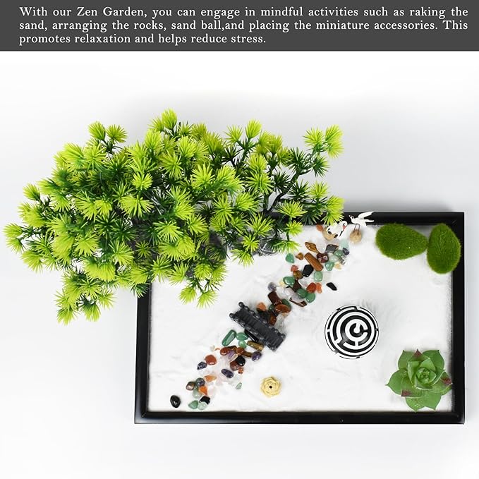 Artcome Japanese Zen Sand Garden for Desk - Home, Office Desk Accessories - Crafted Meditation Therapy Rectangle Tray - Mindful Relaxation and Meditation Tool for Stress Relief - Meditation Gift Set