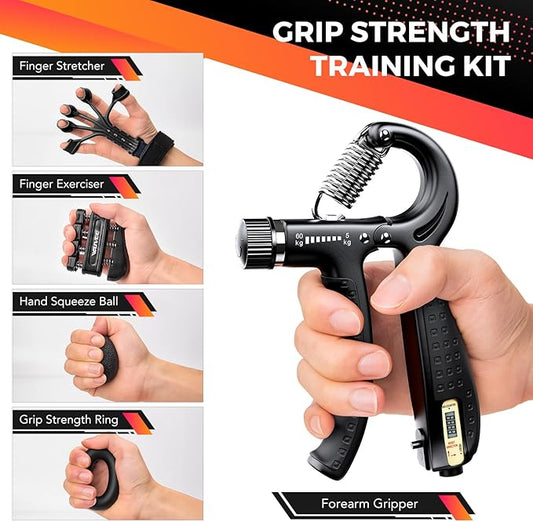 Grip Strength Trainer Kit (5 Pack) with Hand Grip Strengthener Electronic Counting, Forearm Strengthener, Finger Exerciser, Stress Relief Ball, and Forearm Workout Ring for Hand Therapy Forearm Strength Training