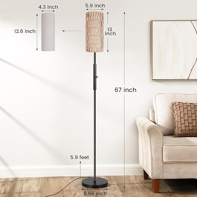 PARTPHONER Boho Floor Lamp for Living Room with 3 Color Temperatures LED Bulb, Standing Lamp Tall Lamp Reading for Bedroom, Office, Kids Room (9W LED Bulb, Rattan & Fabric Shades Included)
