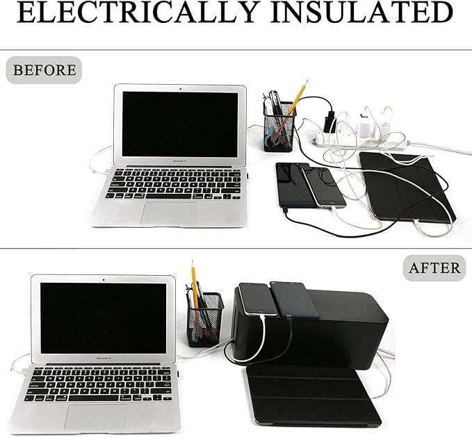 [Set of 3] 3 Cable Management Boxes + 3 Wire Ties, Large Cord Box Organizers to Hold and Hide Power Strip Charger Adapter Power Cord Charging Station USB HUB (Black)