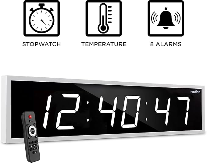 Ivation Huge Oversized 72" Large Digital LED Clock | Big Digital Clock w/Multi-Function Display – Stopwatch, Timer, Alarms, Temp & Date | 6 Brightness Levels, Time Memory & Remote (White)
