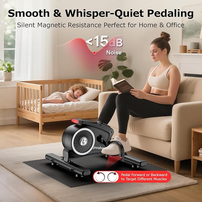 pooboo Under Desk Bike Pedal Exerciser, Quiet Magnetic Mini Exercise Bike with 16 Resistance Levels, Arm & Leg Workout, Resistance Bands & Non-Slip Mat for Home Office Therapy
